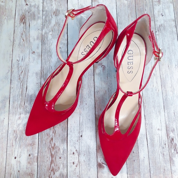 GUESS Strappy Red Suede Patent Leather Stilettos - Picture 2 of 9